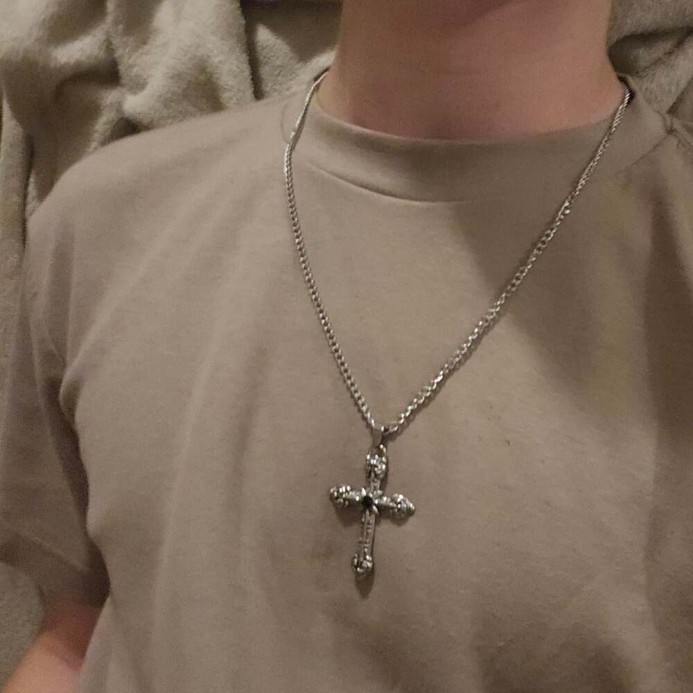 Silver Cross Necklace With Black D 4 C 6